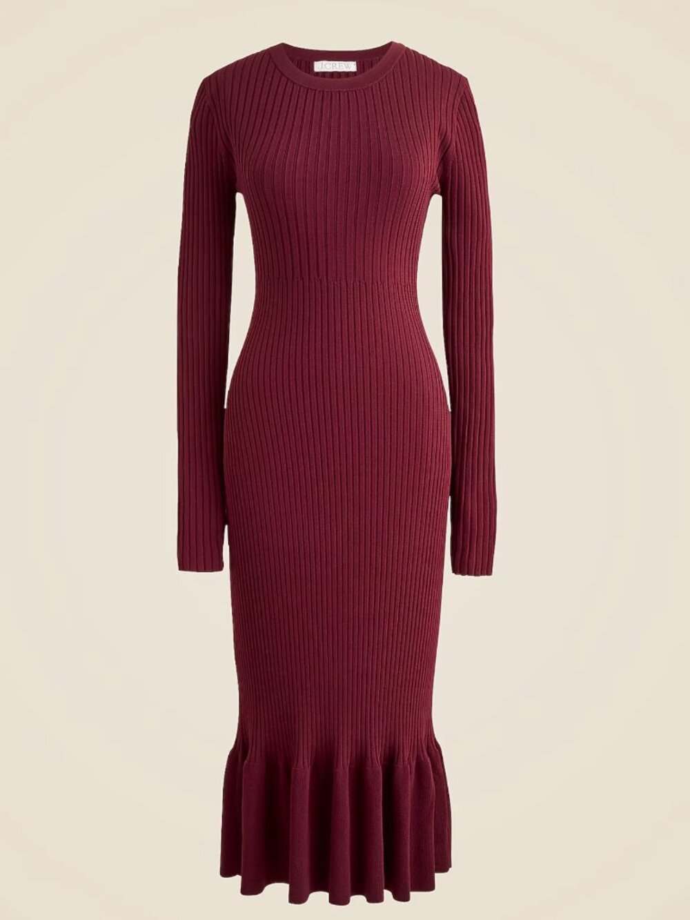 J.CREW SUPER-STRETCH RUFFLE SWEATER-DRESS. SIZE: M. COLOR: INKY BURGUNDY.